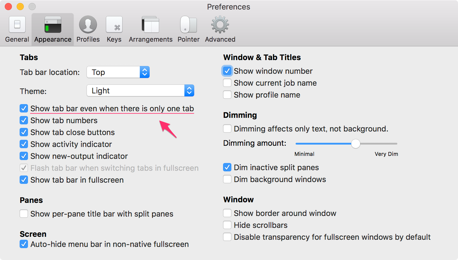 iTerm2 の Appearance 設定の画面。 &ldquo;Show tab bar even when there is only one tab&rdquo; にチェックを入れている